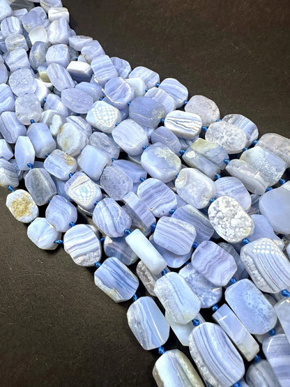 Natural blue lace agate rectangle shape bead. Natural blue color blue lace agate gemstone bead. Full strand 15.5”