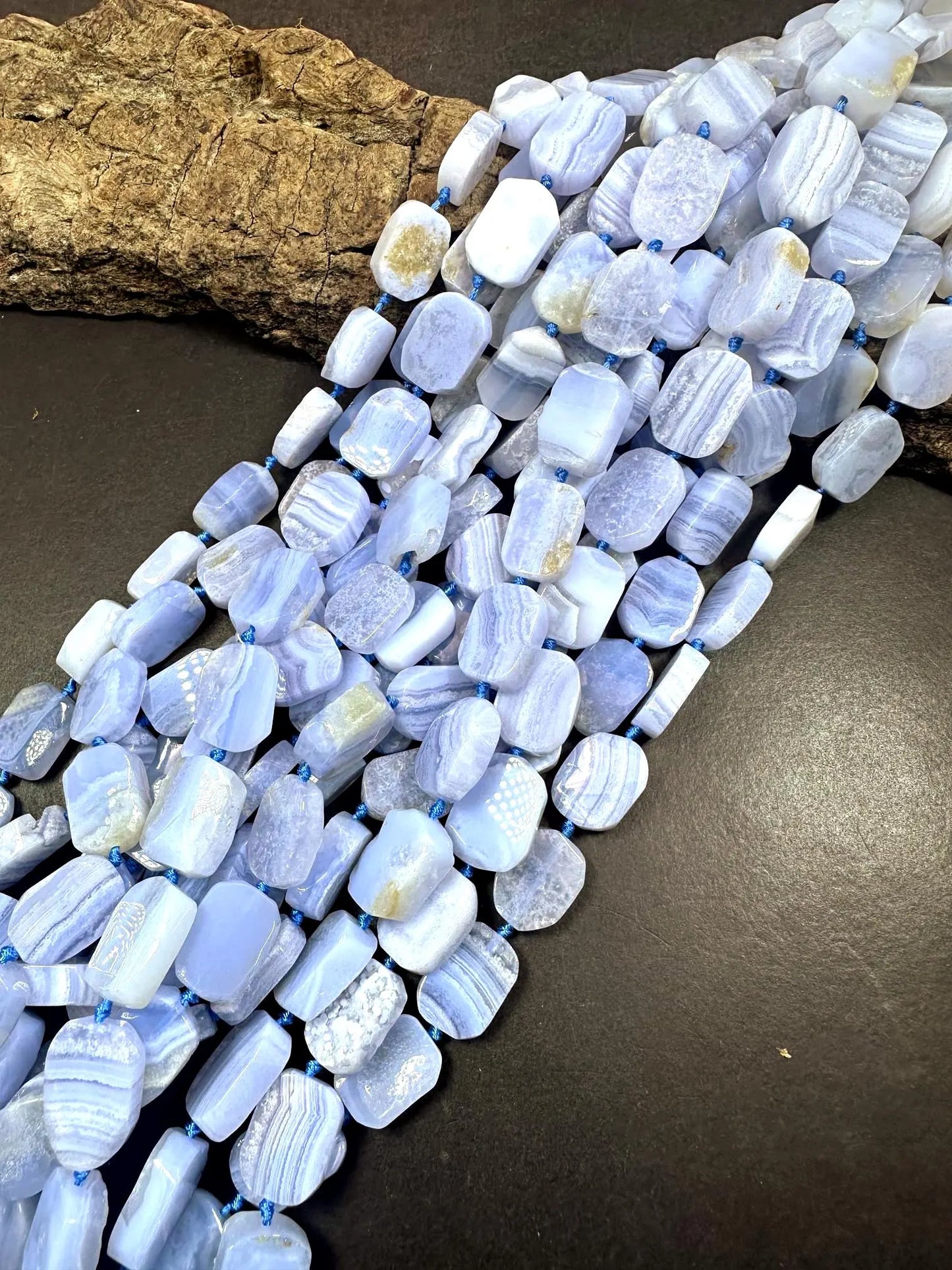 Natural blue lace agate rectangle shape bead. Natural blue color blue lace agate gemstone bead. Full strand 15.5”