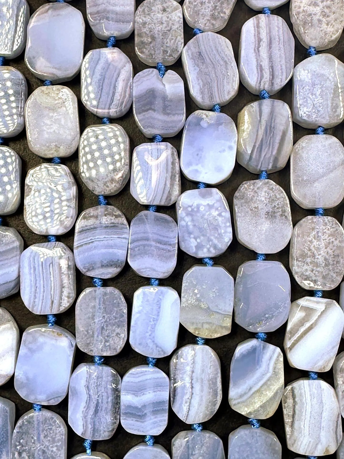 Natural blue lace agate rectangle shape bead. Natural blue color blue lace agate gemstone bead. Full strand 15.5”