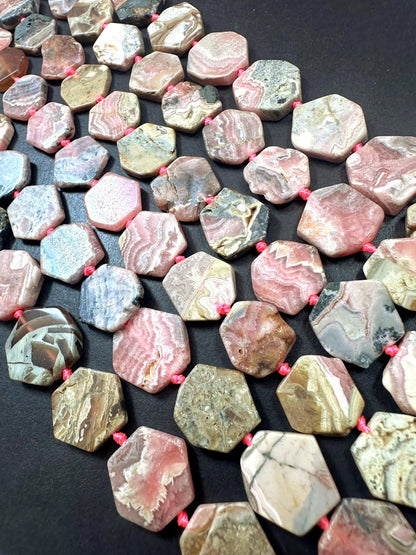 Natural Matte Rhodochrosite Stone Freeform Smooth Hexagon Shape 14-16mm, Pink Multicolor beads, Great Quality 15.5"