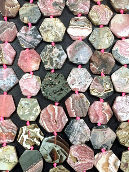 Natural Matte Rhodochrosite Stone Freeform Smooth Hexagon Shape 14-16mm, Pink Multicolor beads, Great Quality 15.5"