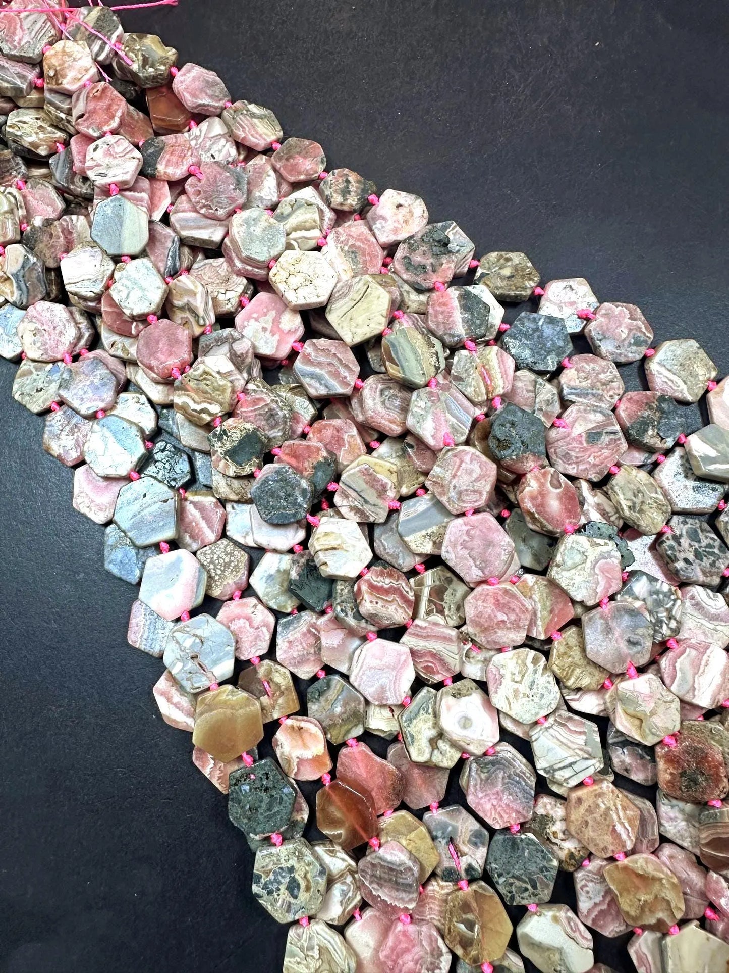 Natural Matte Rhodochrosite Stone Freeform Smooth Hexagon Shape 14-16mm, Pink Multicolor beads, Great Quality 15.5"