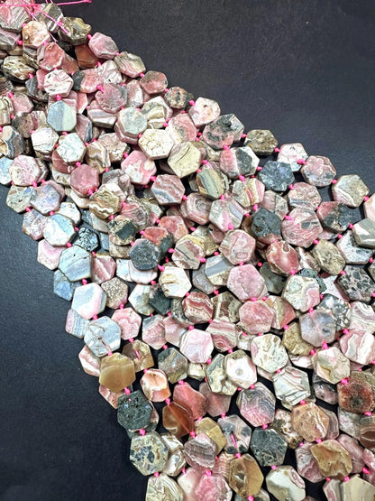 Natural Matte Rhodochrosite Stone Freeform Smooth Hexagon Shape 14-16mm, Pink Multicolor beads, Great Quality 15.5"