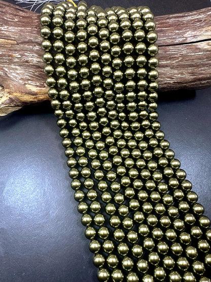 Chinese Deep Gold Pyrite Swarovski Pearl Crystal Beads, 4mm 6mm 8mm 10mm 12mm Round Shape Bead. Beautiful Gold Color, Great Quality 15.5"