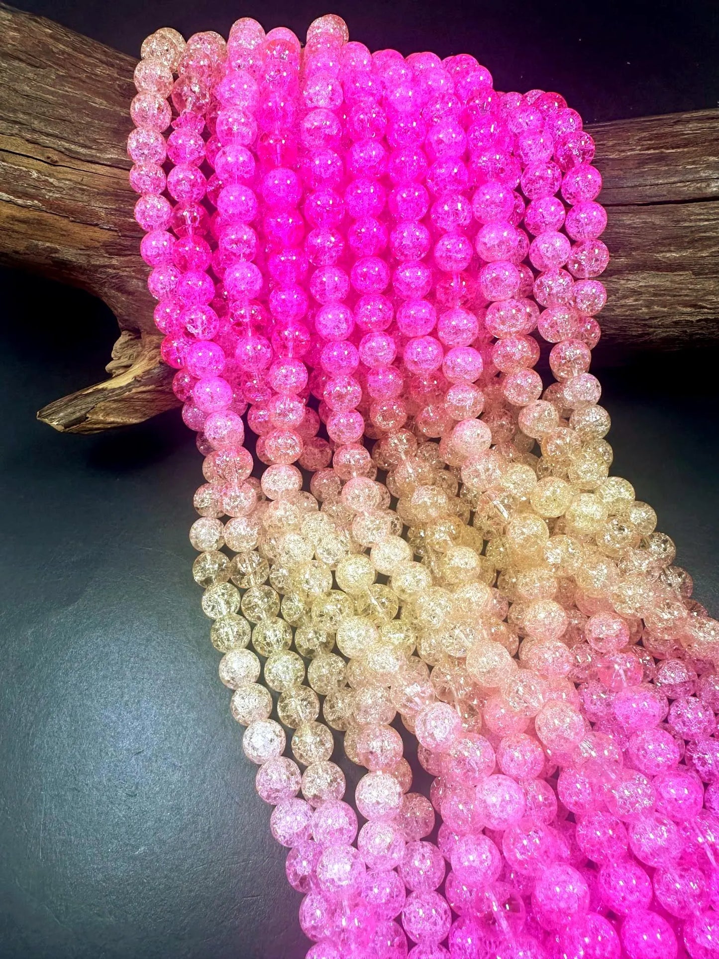 Gorgeous Pink Yellow Two Shaded Crystal Crack Bead Smooth Round Shape High Quality 15.5"