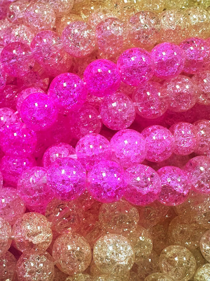 Gorgeous Pink Yellow Two Shaded Crystal Crack Bead Smooth Round Shape High Quality 15.5"