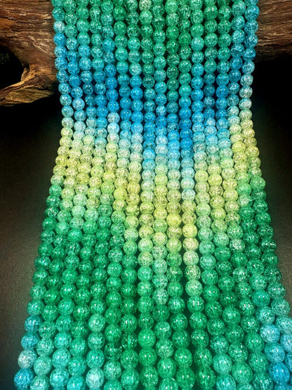 Gorgeous Turquoise Green Blue Yellow Three Shaded Crystal Crack Bead Smooth Round Shape High Quality 15.5"