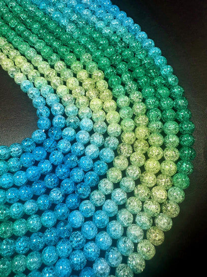 Gorgeous Turquoise Green Blue Yellow Three Shaded Crystal Crack Bead Smooth Round Shape High Quality 15.5"