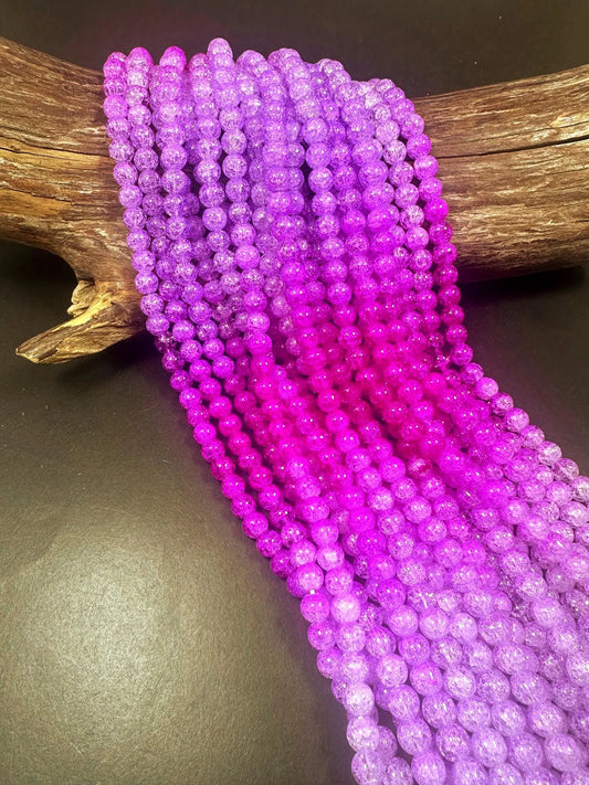Gorgeous Purple Hot Pink Two Shaded Crystal Crack Bead Smooth Round Shape High Quality 15.5"