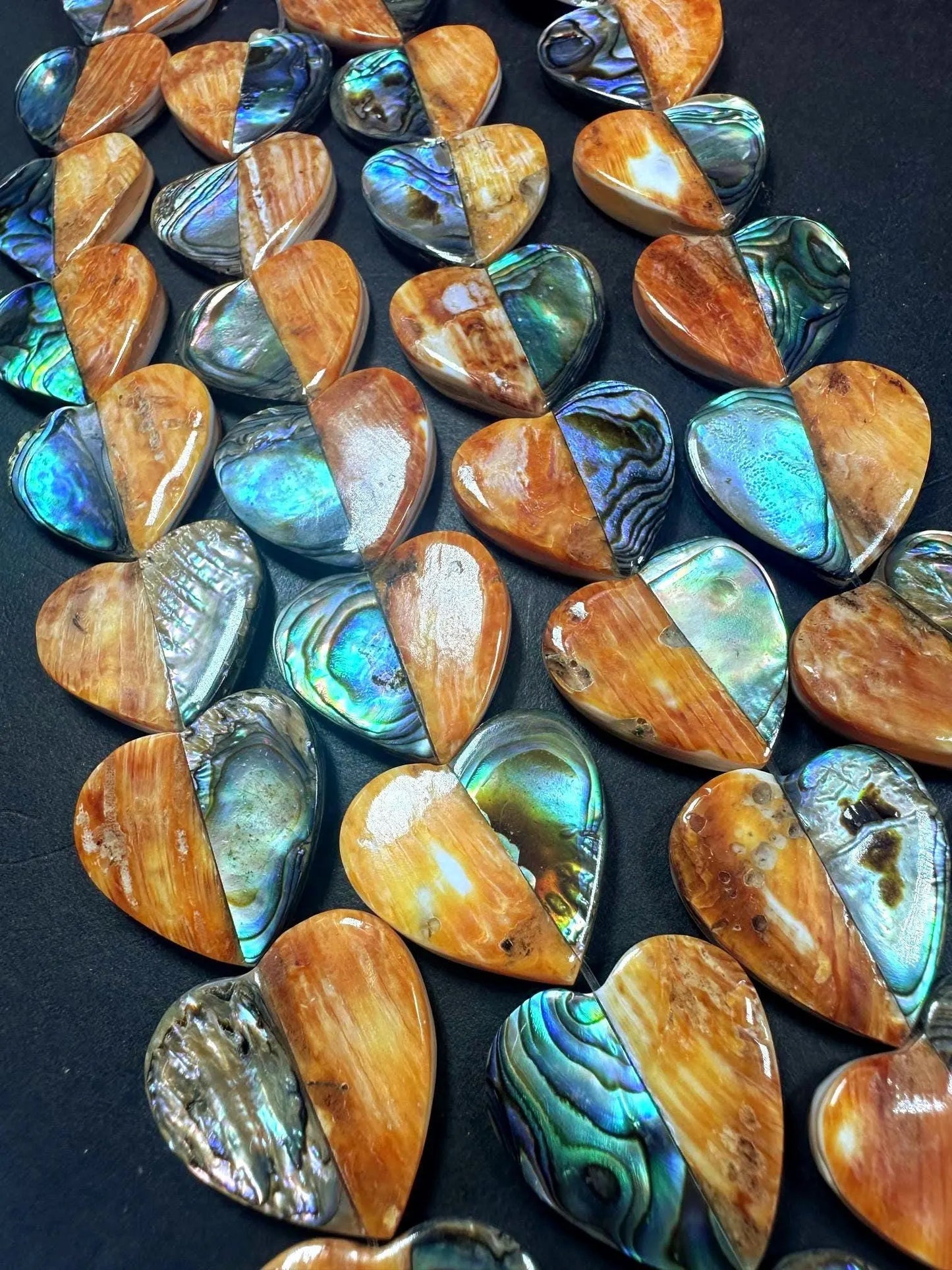 Natural Spiny Oyster with Abalone Heart Shape Beads - 20x20mm - 7.5'' Strand