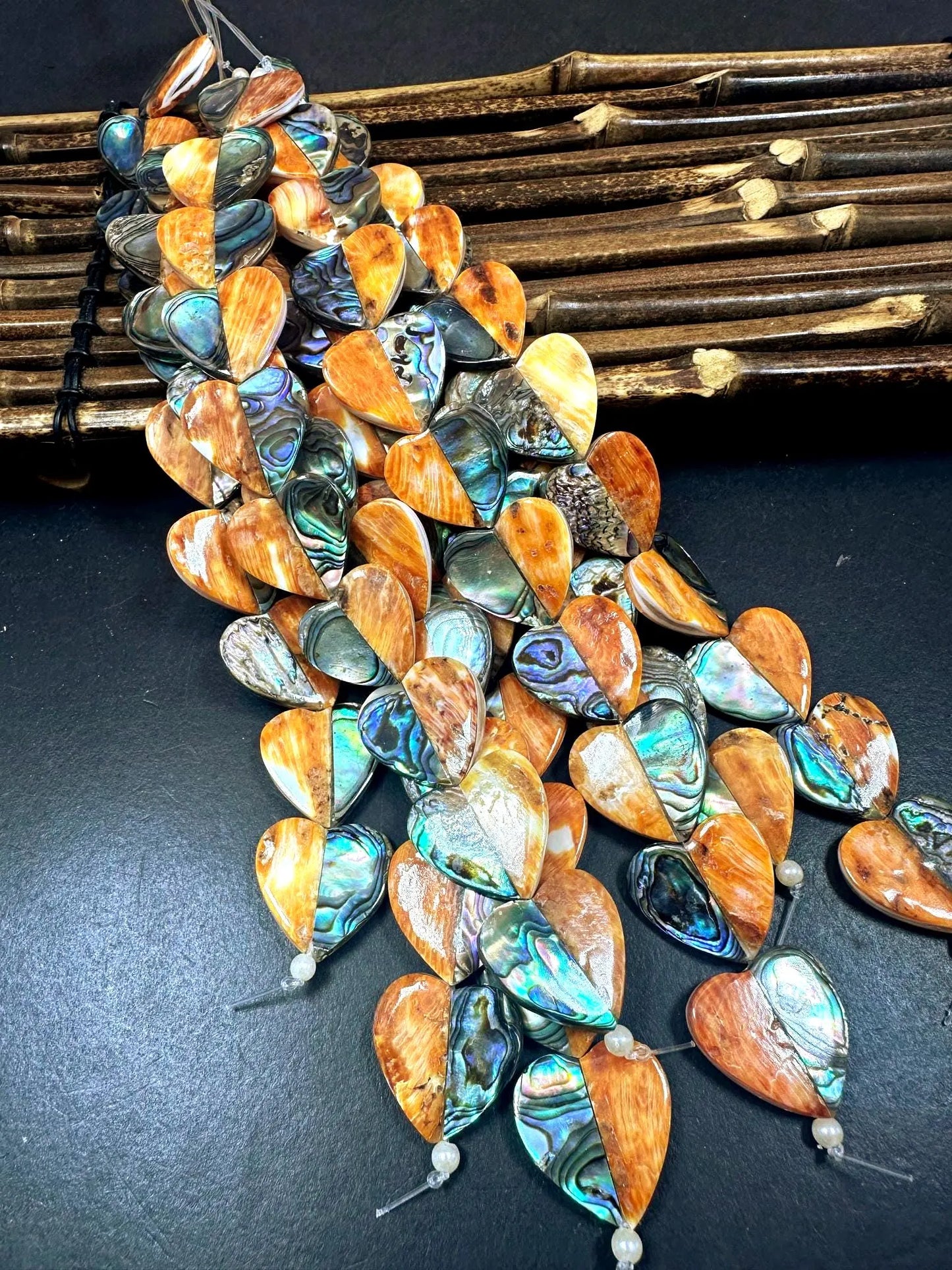 Natural Spiny Oyster with Abalone Heart Shape Beads - 20x20mm - 7.5'' Strand