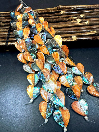 Natural Spiny Oyster with Abalone Heart Shape Beads - 20x20mm - 7.5'' Strand