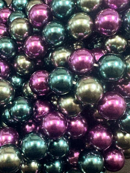 Gorgeous Chinese Multicolor Swarovski Pearl Crystal Beads, 8mm 10mm Round Shape Bead. Peacock Green Purple Silver Color, Great Quality 15.5"