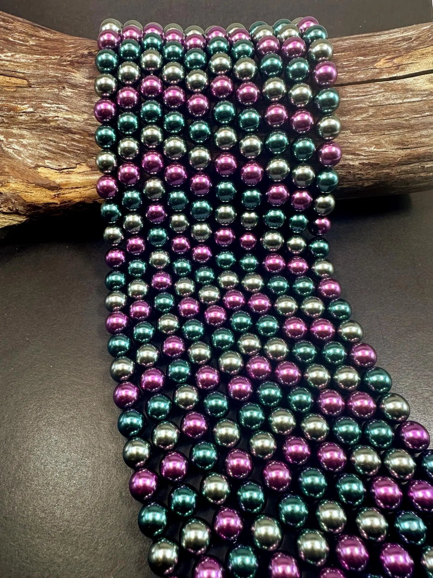 Gorgeous Chinese Multicolor Swarovski Pearl Crystal Beads, 8mm 10mm Round Shape Bead. Peacock Green Purple Silver Color, Great Quality 15.5"