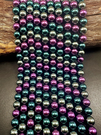 Gorgeous Chinese Multicolor Swarovski Pearl Crystal Beads, 8mm 10mm Round Shape Bead. Peacock Green Purple Silver Color, Great Quality 15.5"