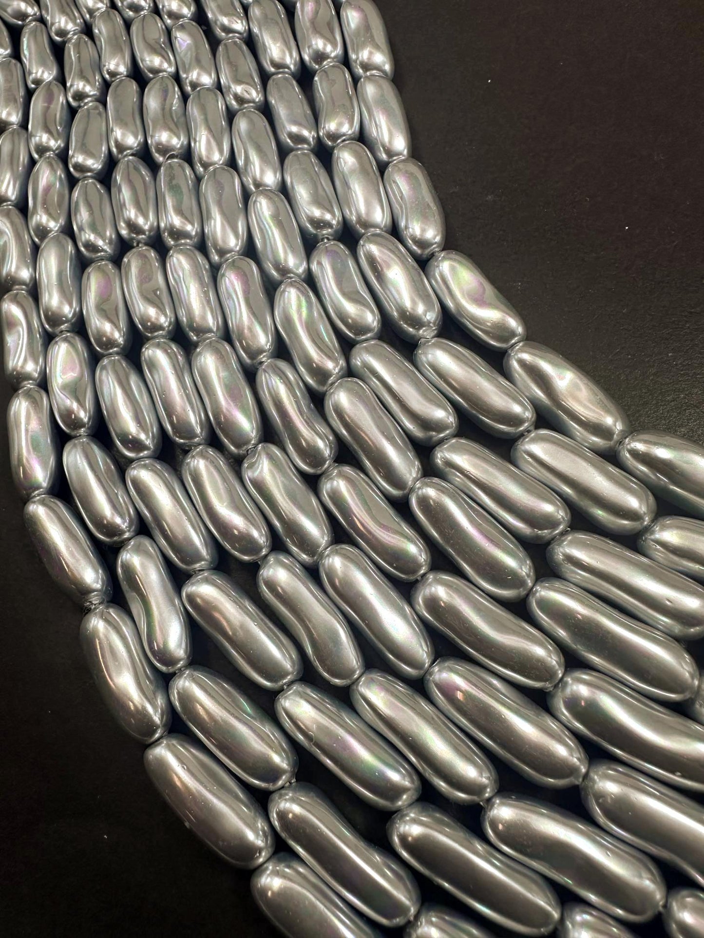 Gorgeous Silver Swarovski Pearl Crystal Beads 8x20mm Freeform Tube Shape. Beautiful Silver Color, High Quality 15.5"