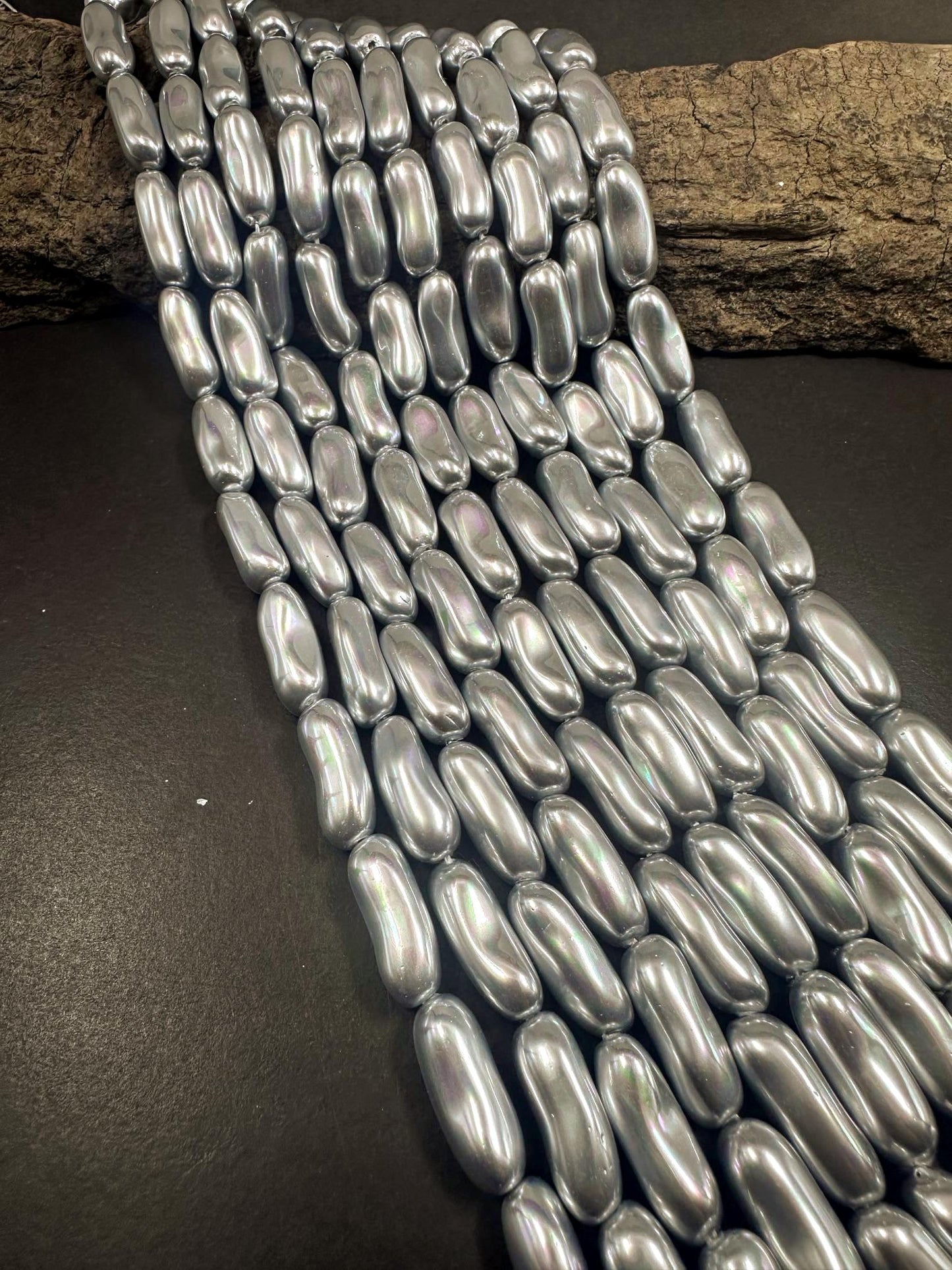 Gorgeous Silver Swarovski Pearl Crystal Beads 8x20mm Freeform Tube Shape. Beautiful Silver Color, High Quality 15.5"