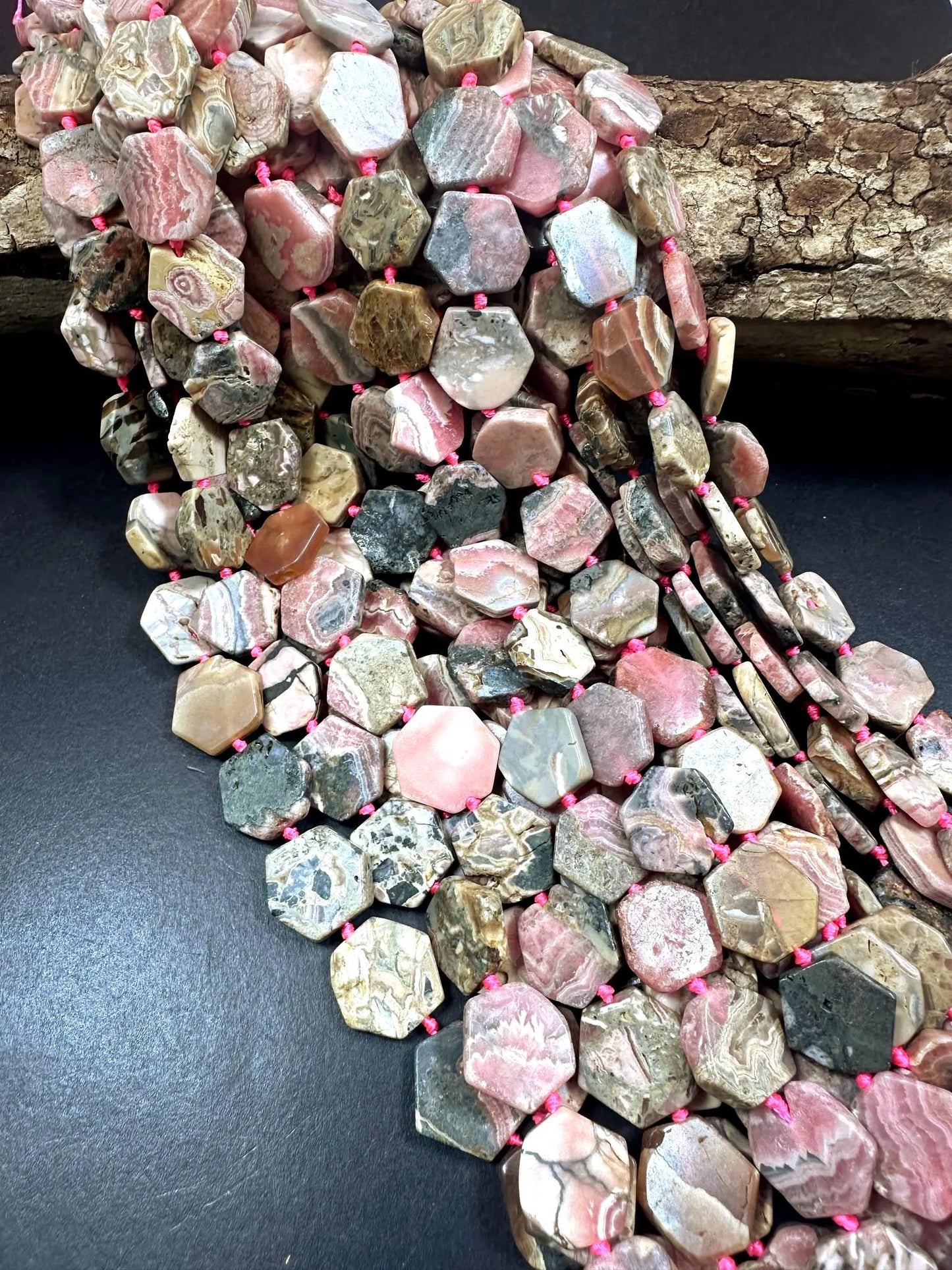 Natural Matte Rhodochrosite Stone Freeform Smooth Hexagon Shape 14-16mm, Pink Multicolor beads, Great Quality 15.5"