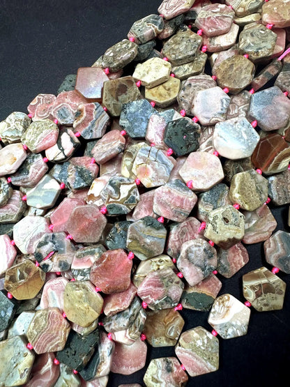 Natural Matte Rhodochrosite Stone Freeform Smooth Hexagon Shape 14-16mm, Pink Multicolor beads, Great Quality 15.5"
