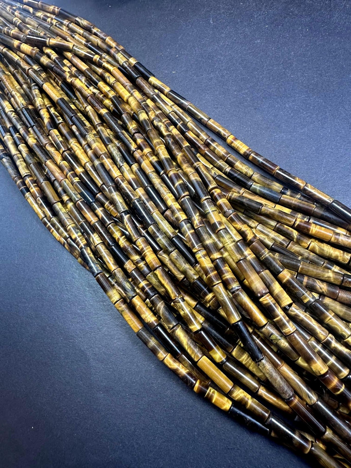 Beautiful Multicolor Tiger Eye Thin Tube Shape, 4x14mm Brown Yellow Color Great Quality 15.5"