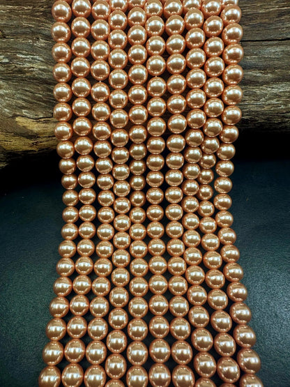 Chinese Rose Peach Swarovski Pearl Crystal Beads, 4mm 6mm 8mm 10mm 12mm Round Shape Bead. Beautiful Peach Color, Great Quality 15.5"