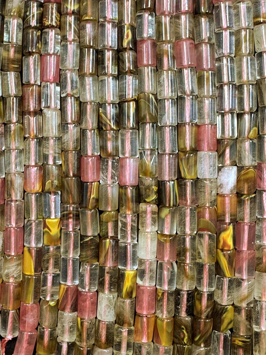 Natural Clear Watermelon Quartz Tube Tube Shape Beads 6x8mm, Beautiful Multicolor Pattern Great Quality 15.5