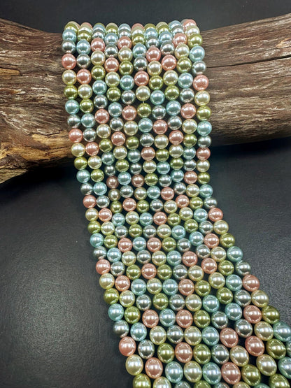 Gorgeous Chinese Pastel Multicolor Swarovski Pearl Crystal Beads, 8mm 10mm Round Shape Bead. Green Blue Pink White Color Great Quality 15.5"