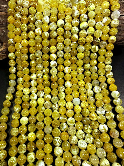 Yellow Dragon Vein Agate Smooth Round Shape Bead 6mm, 8mm, 10mm, Beautiful Yellow Color Great Quality 15.5"