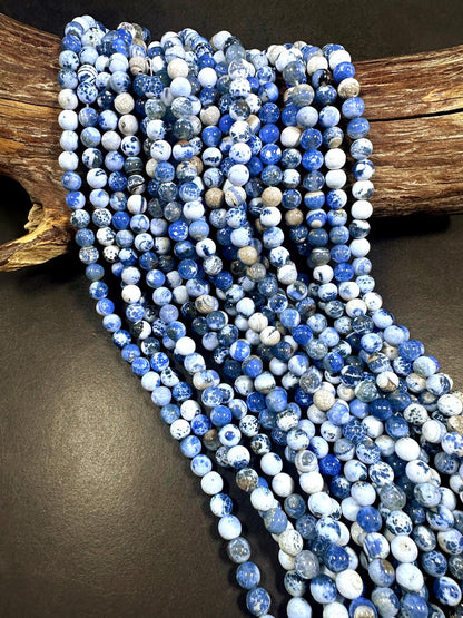 Blue White Tibetan Agate Smooth Round Shape Beads 6mm, 8mm, 10mm Beautiful Mixed Blue White Shade, Great Quality 15.5"