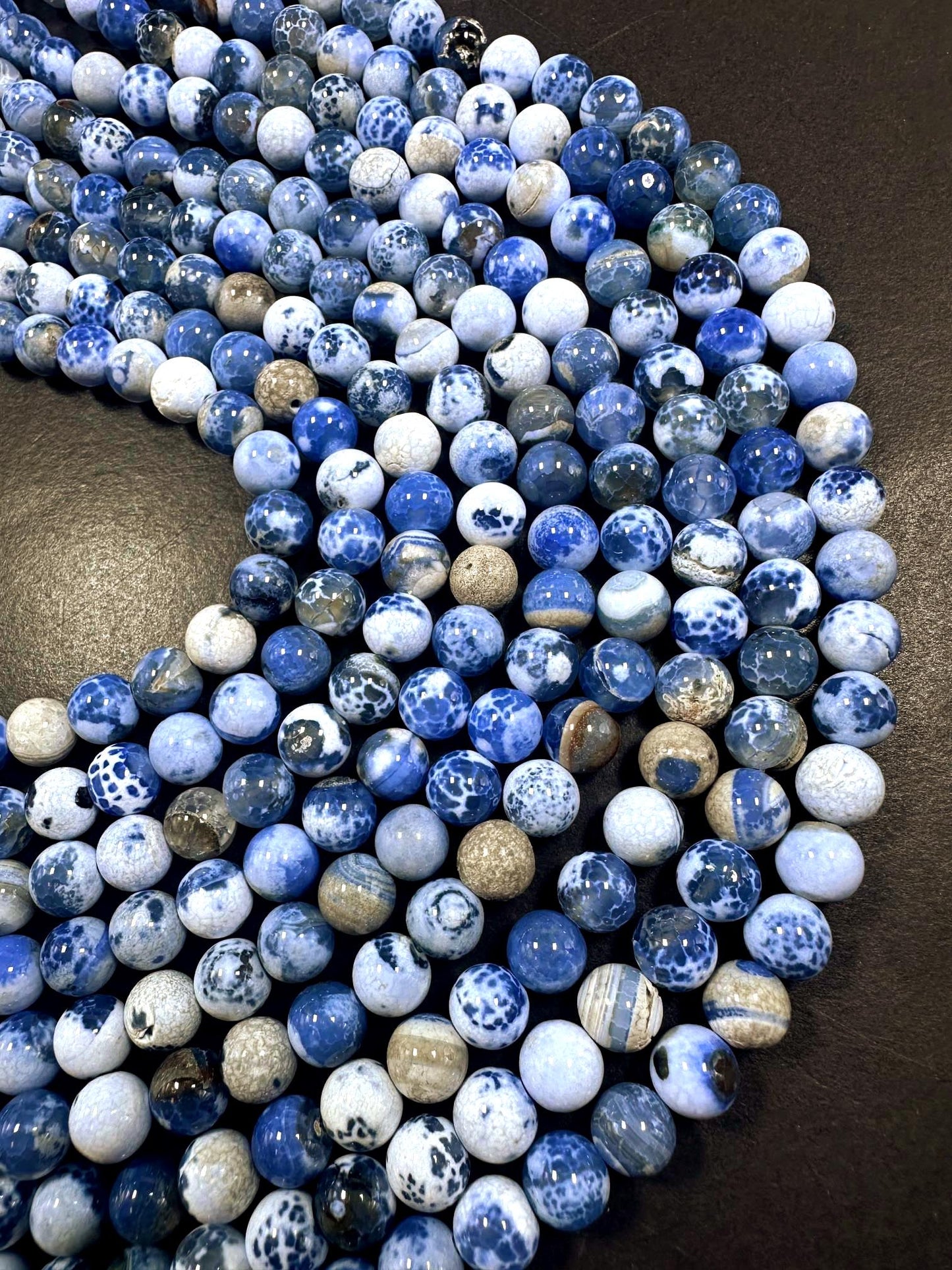 Blue White Tibetan Agate Smooth Round Shape Beads 6mm, 8mm, 10mm Beautiful Mixed Blue White Shade, Great Quality 15.5"