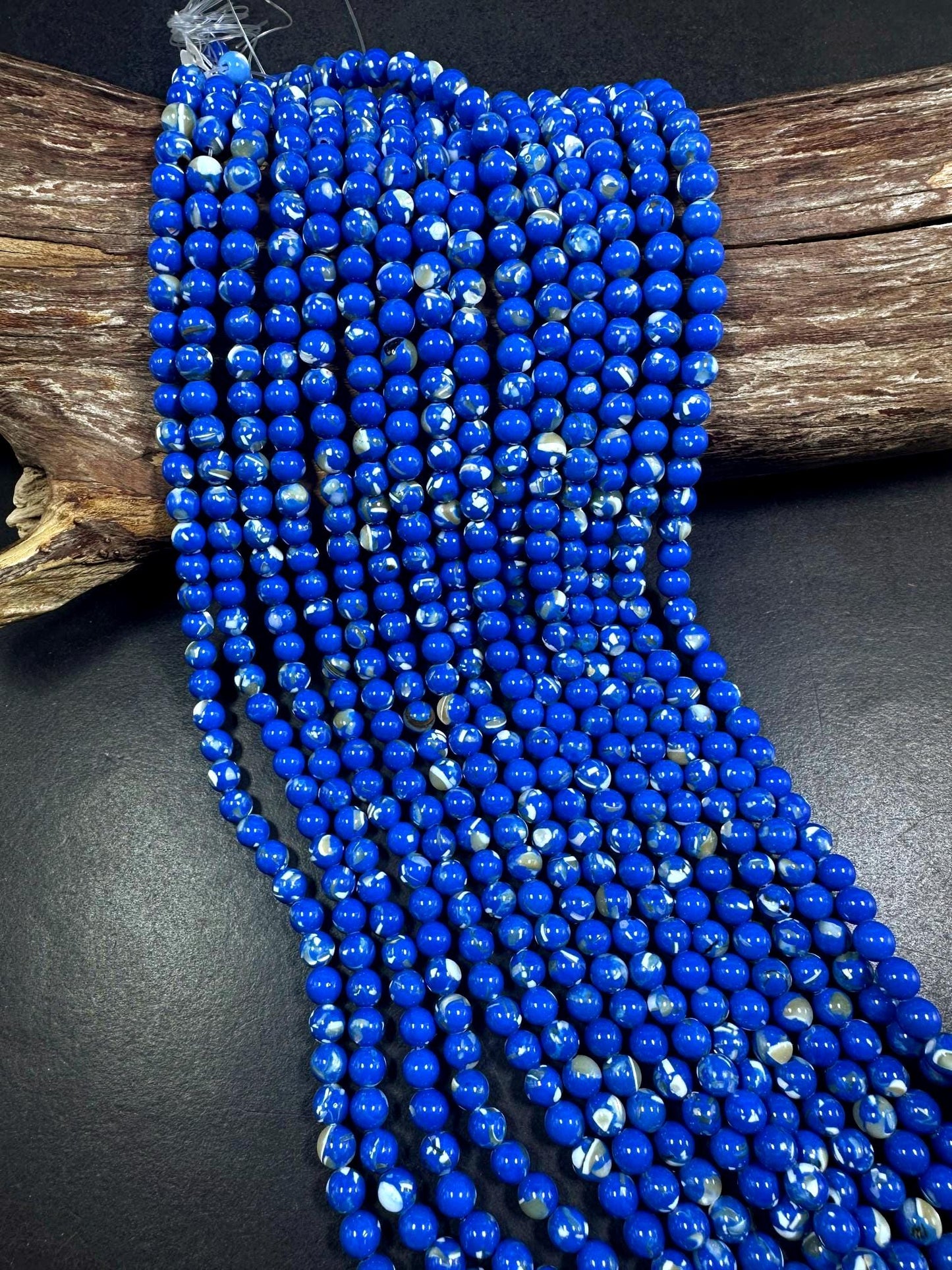 Navy Blue Shell Smooth Round Shape Bead. Beautiful Navy Blue Color with Patten, Great Quality 15.5"