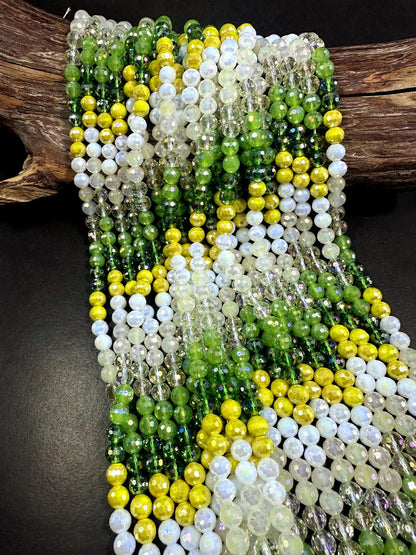 Beautiful Multicolor Crystal Glass Bead (Light Green. Yellow, White) Faceted Round Shape Bead. High Quality 15.5"