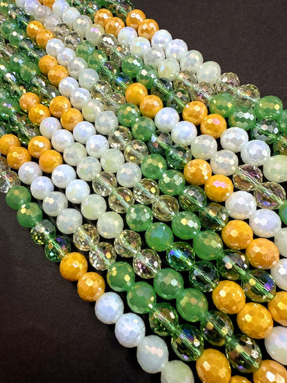 Beautiful Multicolor Crystal Glass Bead (Light Green. Yellow, White) Faceted Round Shape Bead. High Quality 15.5"