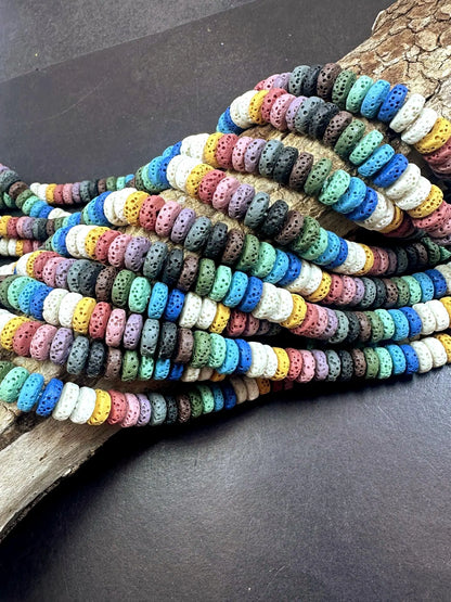 Multicolor Lava Rock 8x3mm Rondelle Shape. Blue, White, Green, Pink Color Pattern Great Quality 15.5"