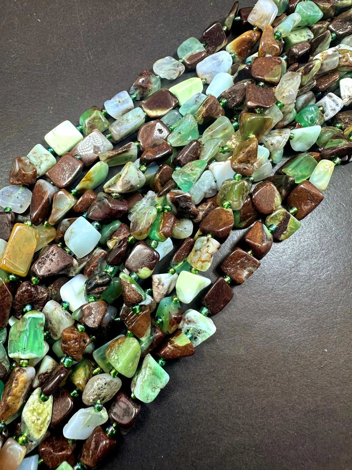 Beautiful Natural Chrysoprase Freeform Square Pebble Shape Bead, Green Brown Multicolor Pattern Great Quality 15.5"