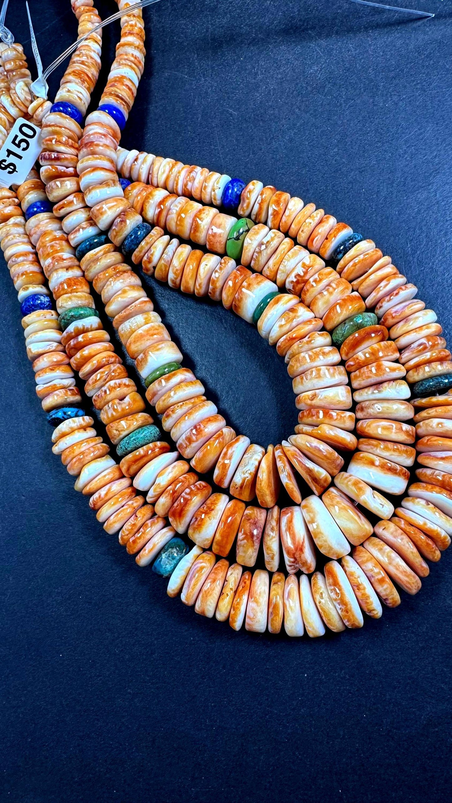 NATURAL Spiny Oyster Shell, Graduated gorgeous orange color with Natural turquoise and natural lapis. Full Strand 15.5” AAA Quality!
