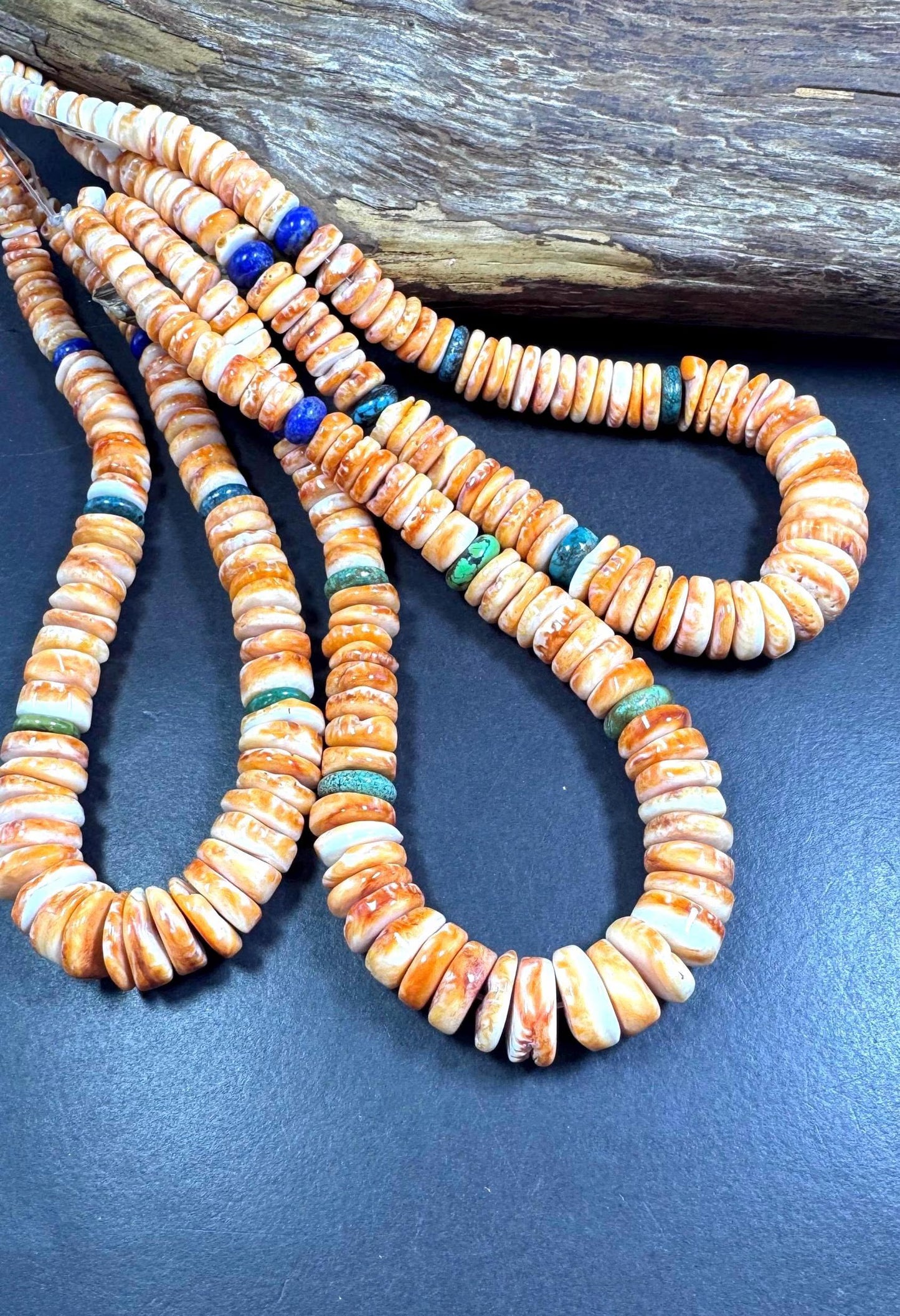 NATURAL Spiny Oyster Shell, Graduated gorgeous orange color with Natural turquoise and natural lapis. Full Strand 15.5” AAA Quality!