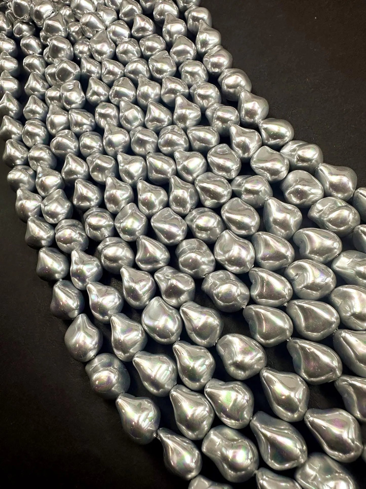 Gorgeous Chinese Silver Swarovski Pearl Crystal Beads 12x15mm Freeform Teardrop Shape. Beautiful Silver Color, High Quality 15.5"