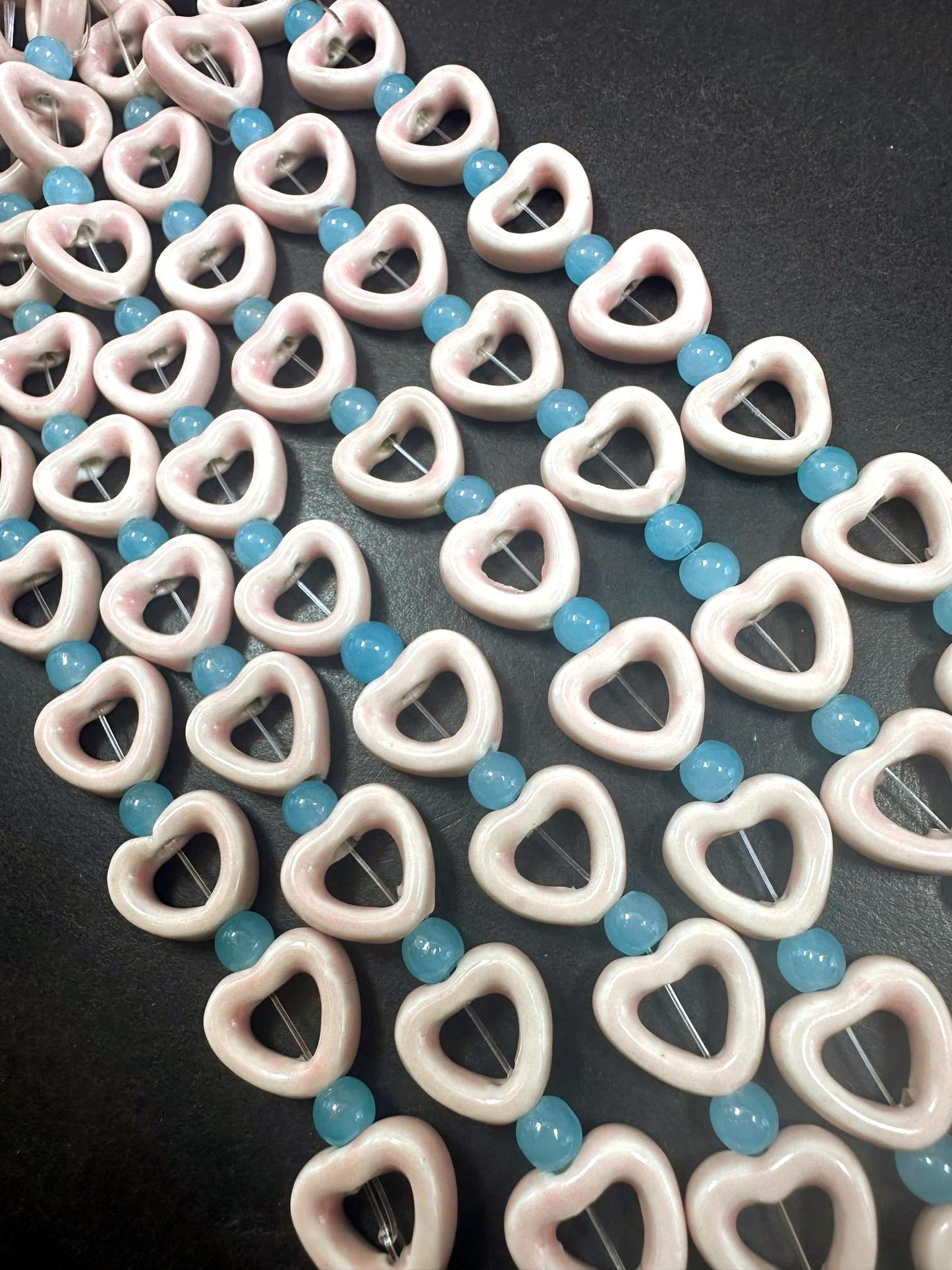 Heart Shape Handmade Porcelain Beads, 14mm Cute Heart Beads, Great Quality 7.5"