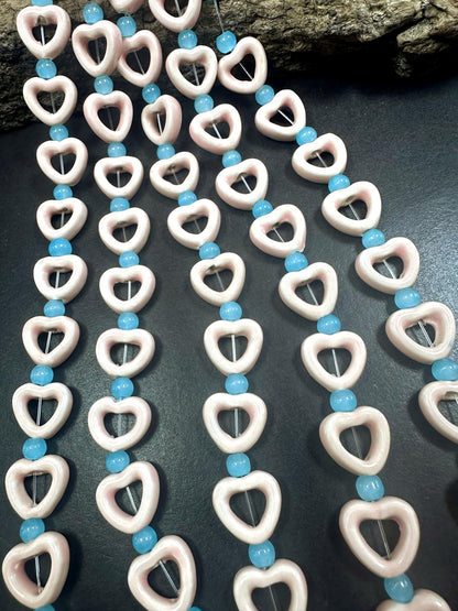 Heart Shape Handmade Porcelain Beads, 14mm Cute Heart Beads, Great Quality 7.5"