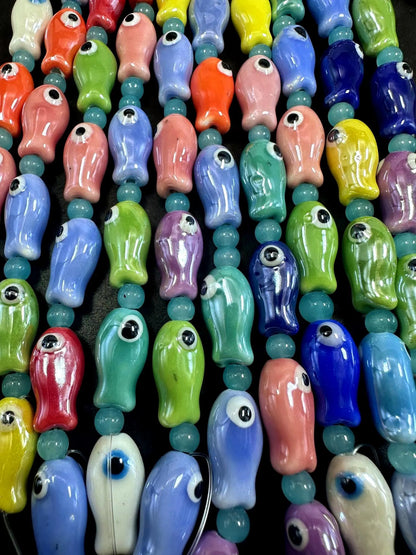 Rainbow Multicolor Evil Eye Fish Shape Handmade Porcelain Beads, Beautiful Rainbow Pattern Great Quality 7.5"