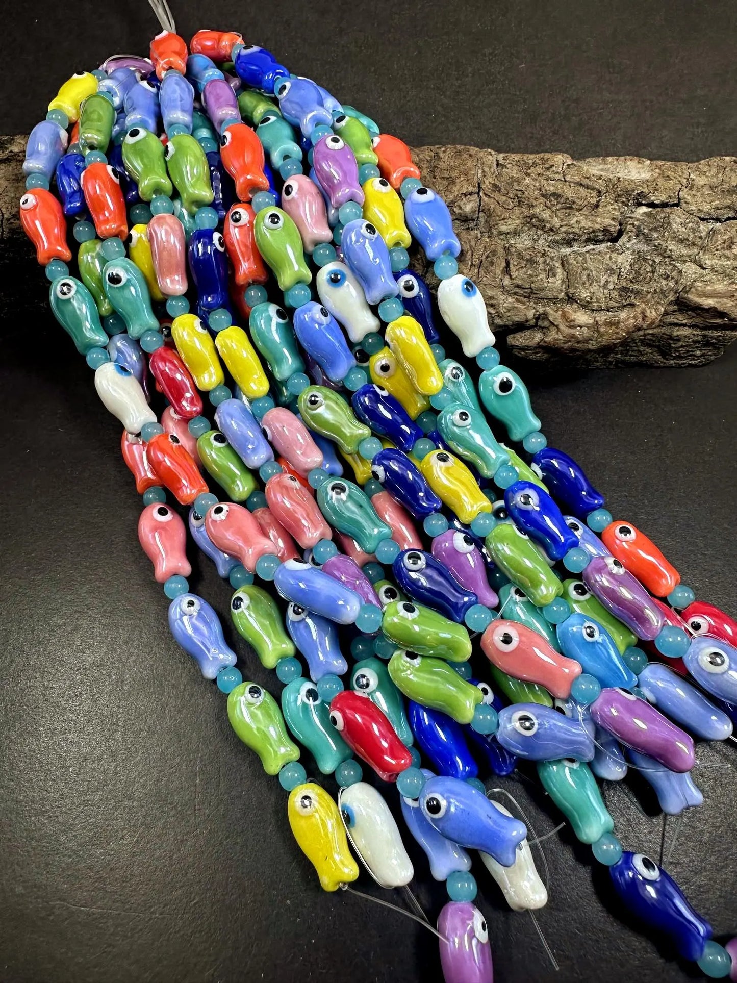 Rainbow Multicolor Evil Eye Fish Shape Handmade Porcelain Beads, Beautiful Rainbow Pattern Great Quality 7.5"