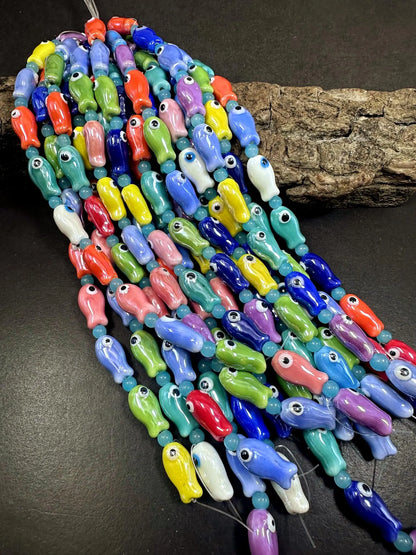 Rainbow Multicolor Evil Eye Fish Shape Handmade Porcelain Beads, Beautiful Rainbow Pattern Great Quality 7.5"