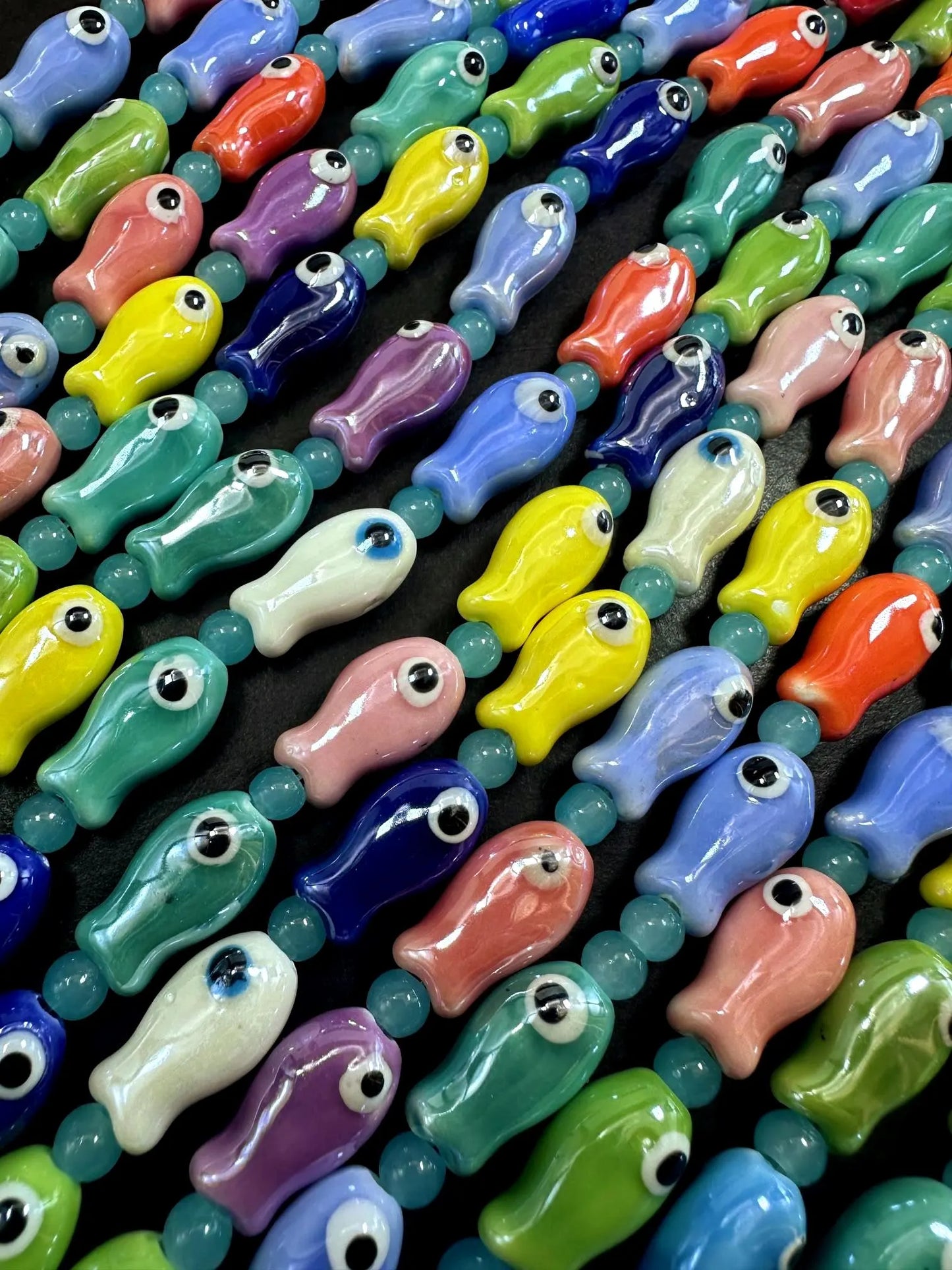 Rainbow Multicolor Evil Eye Fish Shape Handmade Porcelain Beads, Beautiful Rainbow Pattern Great Quality 7.5"