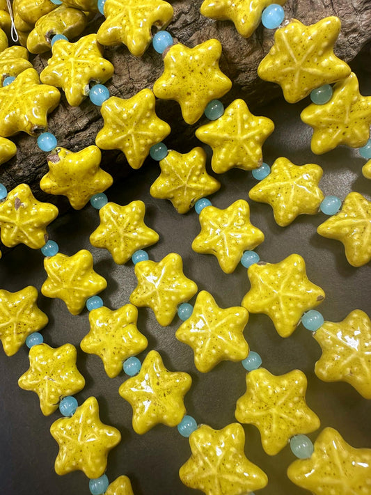 Beautiful Yellow Starfish Shape Handmade Porcelain Beads, Nice Yellow Color Great Quality 7.5"