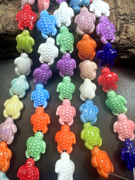 Rainbow Multicolor Sea Turtle Shape Handmade Porcelain Beads, Beautiful Rainbow Pattern Great Quality 7.5"