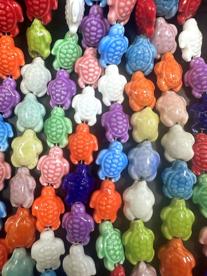 Rainbow Multicolor Sea Turtle Shape Handmade Porcelain Beads, Beautiful Rainbow Pattern Great Quality 7.5"
