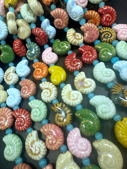 Rainbow Multicolor Seashell Shape Handmade Porcelain Beads, Beautiful Rainbow Pattern Great Quality 7.5"