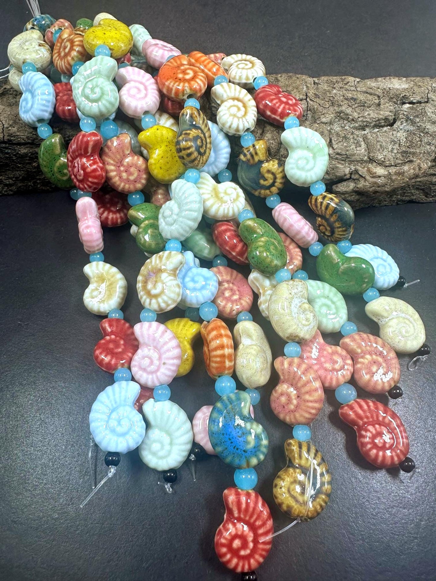 Rainbow Multicolor Seashell Shape Handmade Porcelain Beads, Beautiful Rainbow Pattern Great Quality 7.5"