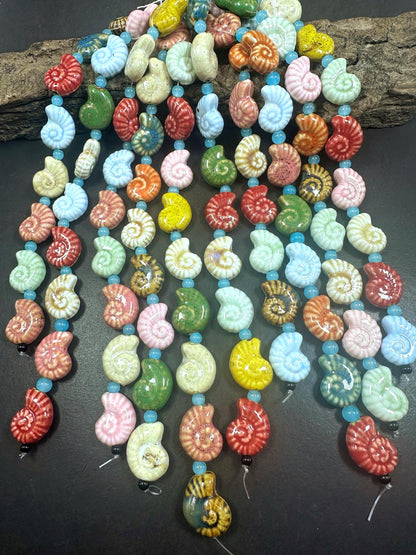 Rainbow Multicolor Seashell Shape Handmade Porcelain Beads, Beautiful Rainbow Pattern Great Quality 7.5"